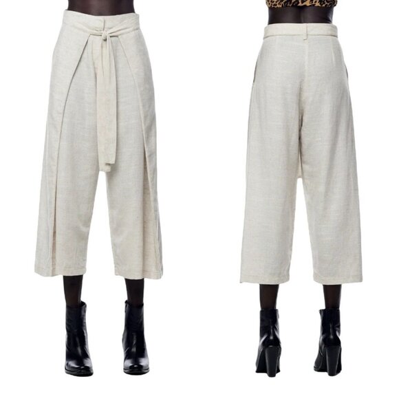 Jonny Cota Studio Women's Linen Wrap Cropped Wide Leg Pants in Natural 4 - Picture 1 of 9